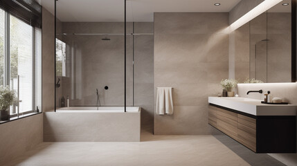 Fototapeta na wymiar a minimalist bathroom with a neutral color, generative ai