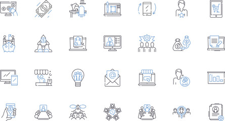 Fototapeta premium Venture administration line icons collection. Planning, Budgeting, Resource allocation, Risk management, Stakeholders, Leadership, Communication vector and linear illustration. Collaboration,Teamwork