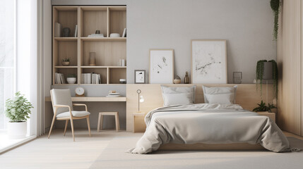 a minimalist bedroom with a neutral color, generative ai