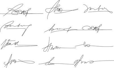 Hand written signature. Different example signatures isolated in white background. Vector illustration set of hand drawn name imprint - obrazy, fototapety, plakaty