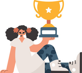 The energized woman holds the glass of the victor in her hands, kept on a white establishment. Trendy style, Vector Illustration