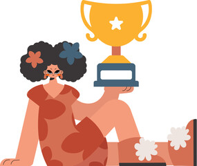 The energized woman holds the glass of the victor in her hands, kept on a white establishment. Trendy style, Vector Illustration