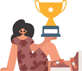 The energized lady holds the glass of the victor in her hands, kept on a white foundation. Trendy style, Vector Illustration