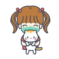 Illustration of a kid girl wearing a mask and hug a cat. 
Allergic to pets.