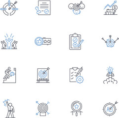 Purposes line icons collection. Intention, Mission, Objectives, Goals, Plans, Aims, Directions vector and linear illustration. Designs,Ambitions,Aspirations outline signs set