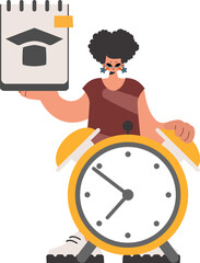Energized woman with hypothetical and caution clock, limited on white establishment. Trendy style, Vector Illustration