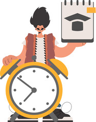 Individual with exceptional and caution clock, limited on white establishment. Trendy style, Vector Illustration