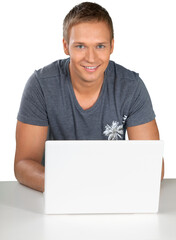 Portrait of young man using laptop isolated on white background