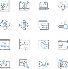 Technological gear line icons collection. Gadgets, Smartwatch, Earbuds, Drs, Robotics, Virtual, Augmented vector and linear illustration. Reality,Wireless,Bluetooth outline signs set