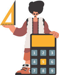 The person holds a ruler and a calculator in his hands, compelled on a white foundation. Trendy style, Vector Illustration