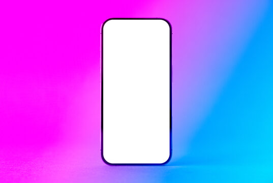Mobile phone mockup on neon blue and pink background