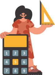 The energized woman holds a ruler and a calculator in her hands, kept on a white establishment. Trendy style, Vector Illustration