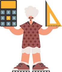 The person holds a ruler and a calculator in his hands, compelled on a white foundation. Trendy style, Vector Illustration