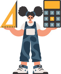 The energized woman holds a ruler and a calculator in her hands, kept on a white establishment. Trendy style, Vector Illustration