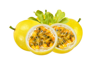 yellow passion fruit with leaf on transparent png