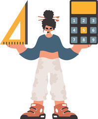 The energized lady holds a ruler and a calculator in her hands, kept on a white foundation. Trendy style, Vector Illustration