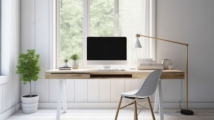 Fototapeta na wymiar minimalist office space home office interior design, desk with desktop computer