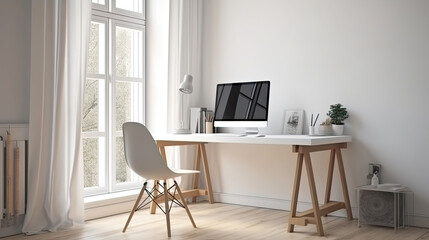 minimalist office space home office interior design, desk with desktop computer