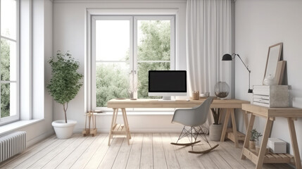 minimalist office space home office interior design, desk with desktop computer