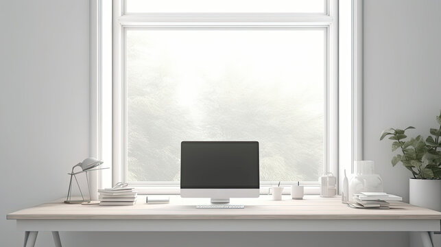 minimalist office space home office interior design, desk with desktop computer