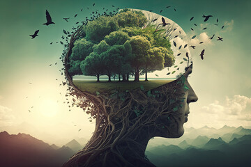 Double exposure man profile and nature mental health earth day illustration generative ai	