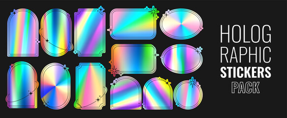 Set of holographic retro futuristic stickers with frames. Vector illustration with iridescent foil adhesive film with frames in y2k style. Holographic futuristic simple shapes with stars.