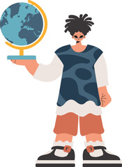 The individual holds a globe in his hands, kept on a white establishment. Trendy style, Vector Illustration