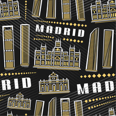 Vector Madrid Seamless Pattern, square repeat background with illustration of european madrid city scape on dark background for wrapping paper, decorative line art urban poster with white text madrid