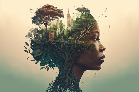 Double exposure woman profile and nature mental health earth day illustration generative ai	