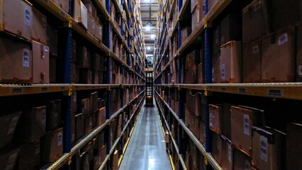 Shelves of an industrial warehouse. Aerial shot.