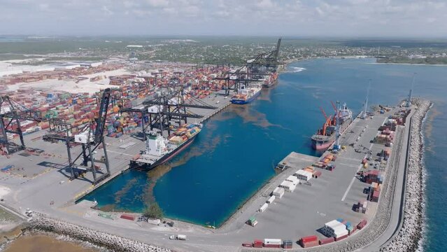 Aerial over modern Caucedo Port managed by DP World, Boca Chica, Santo Domingo