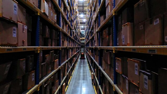 Shelves of an industrial warehouse. Aerial shot.