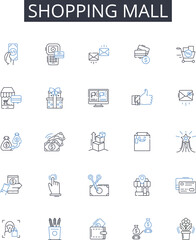 Shopping mall line icons collection. Grocery store, Department store, Supermarket, Bazaar market, Flea market, Trading center, Discount store vector and linear illustration. Boutique mall,Hypermarket