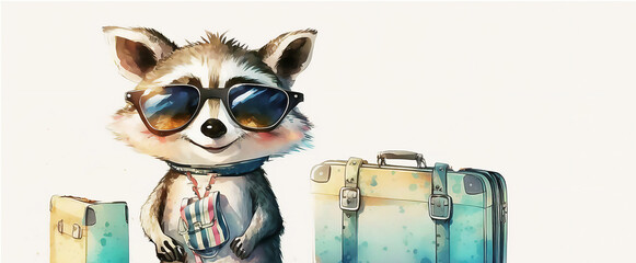 Cute little raccoon travel on summer beach. watercolor illustration, Generated AI.