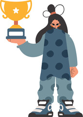 The energized woman holds the glass of the victor in her hands, kept on a white establishment. Trendy style, Vector Illustration