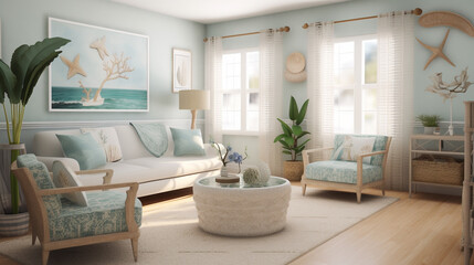 A coastal living room with a light color scheme plenty, generative ai