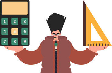 The person holds a ruler and a calculator in his hands, compelled on a white foundation. Trendy style, Vector Illustration