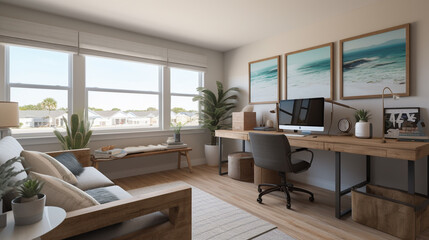 A coastal office with plenty of natural light ocean-inspired, generative ai