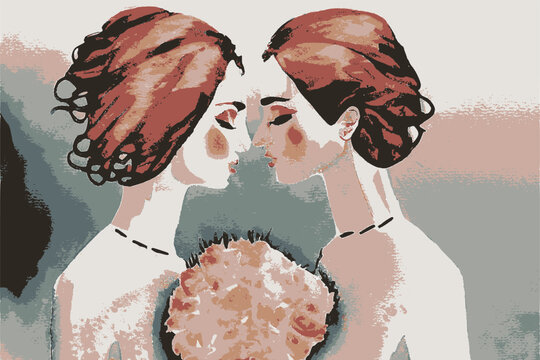 Lesbian couple wedding, watercolor vector image for invitation card or poster