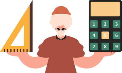 The individual holds a ruler and a calculator in his hands, compelled on a white establishment. Trendy style, Vector Illustration