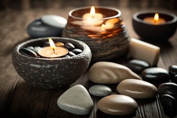 Spa still life with scented candles and zen stones.