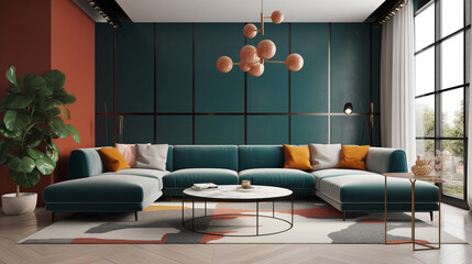  A mid-century modern living room with a bold accent wallpaper, generative ai
