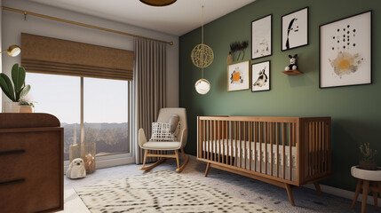 A mid-century modern nursery with a modern crib and play, generative ai