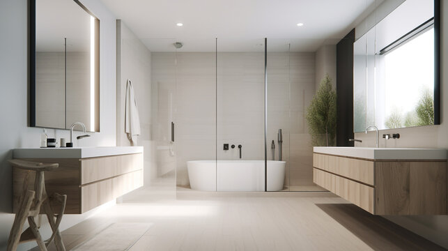 A minimalist bathroom with a neutral color scheme, generative ai