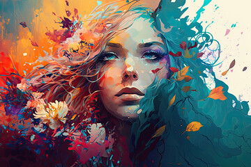 Double exposure woman profile and flowers mental health women's day illustration generative ai © shootforalivi35