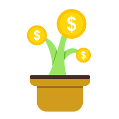 Coin grow from plant at pot like leaf. Meaning of investment, growth of money, finance, money saving and economic. Isolated vector illustration