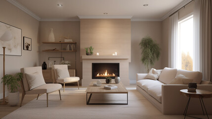 Fototapeta na wymiar a minimalist living room with fireplace