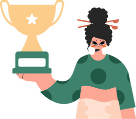 The energized lady holds the glass of the victor in her hands, kept on a white foundation. Trendy style, Vector Illustration