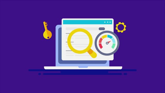 SEO performance report, keyword ranking and website speed optimization on laptop pc, video animation concept.
