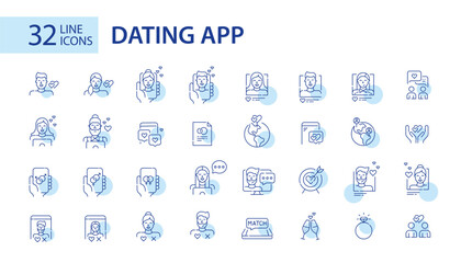 32 Dating app user profiles and interactions icons. Finding match, romantic attraction and long-term relationships. Pixel perfect, editable stroke